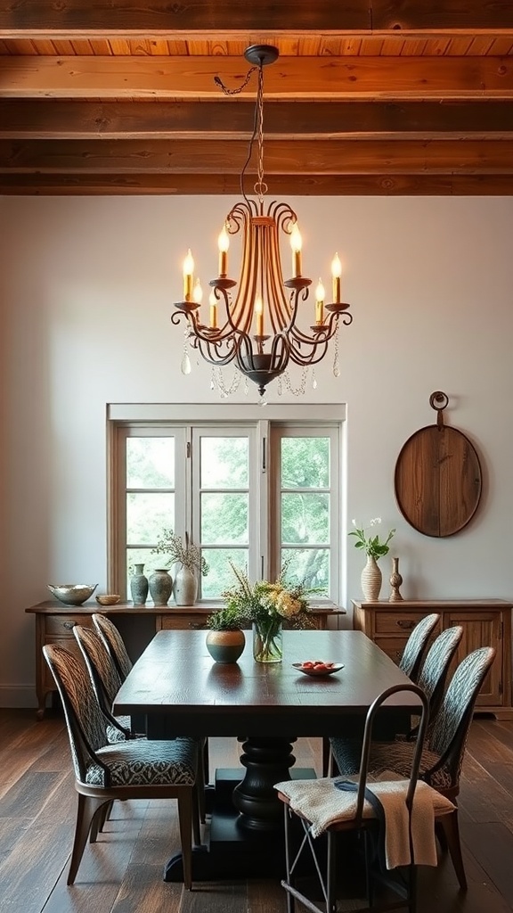 A rustic dining area featuring an elegant chandelier with candle-like bulbs, wooden beams, and a cozy table setting.