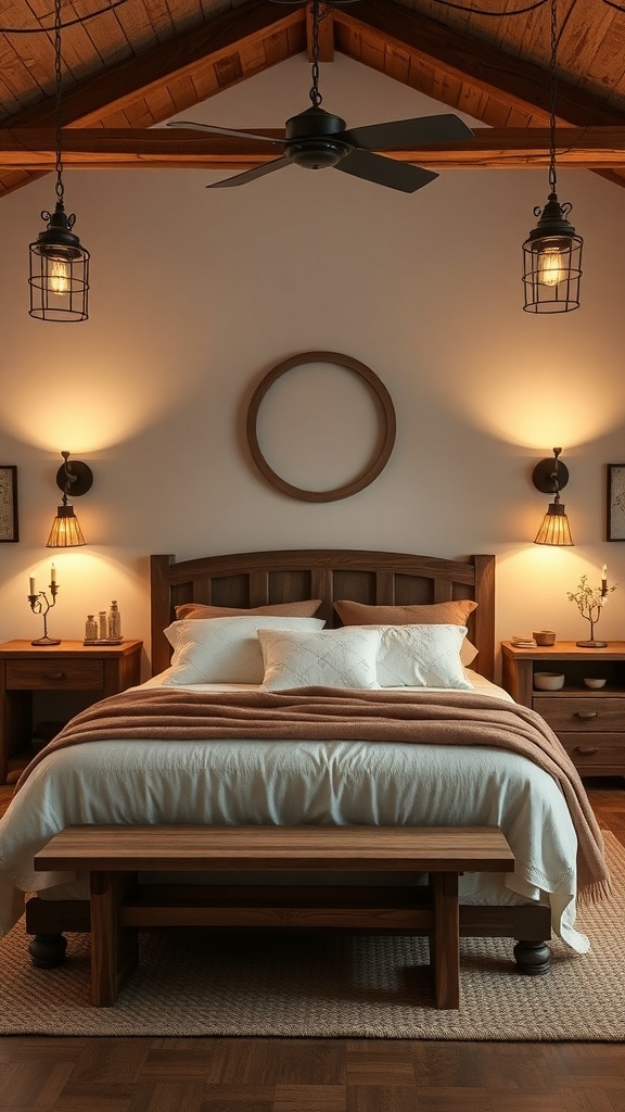 Rustic farmhouse bedroom with antique lighting fixtures