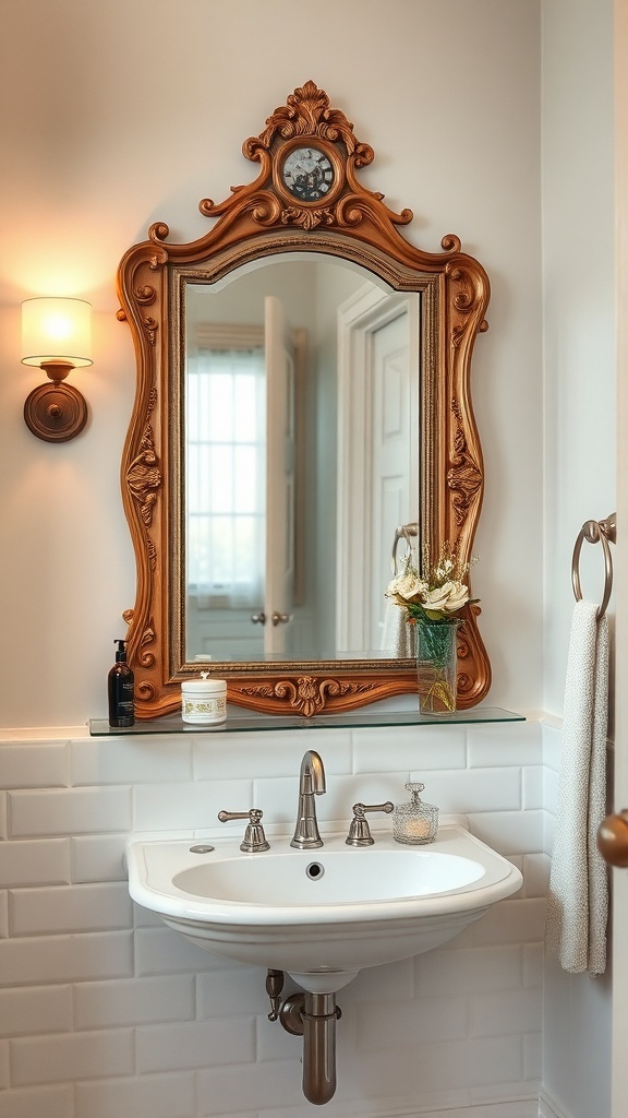 A vintage-style bathroom featuring an ornate antique mirror above a modern sink, with soft lighting and white tiles.