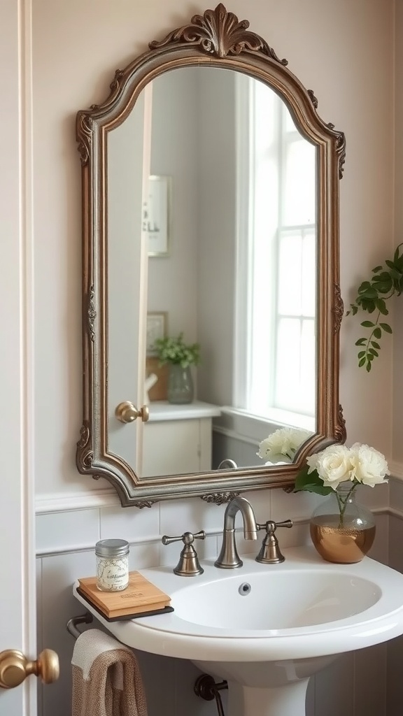 Antique mirror with patina in a cottagecore bathroom, reflecting light and surrounded by simple decor.