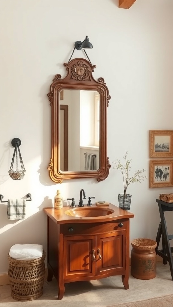 A rustic bathroom featuring an antique mirror above a wooden vanity with a sink.