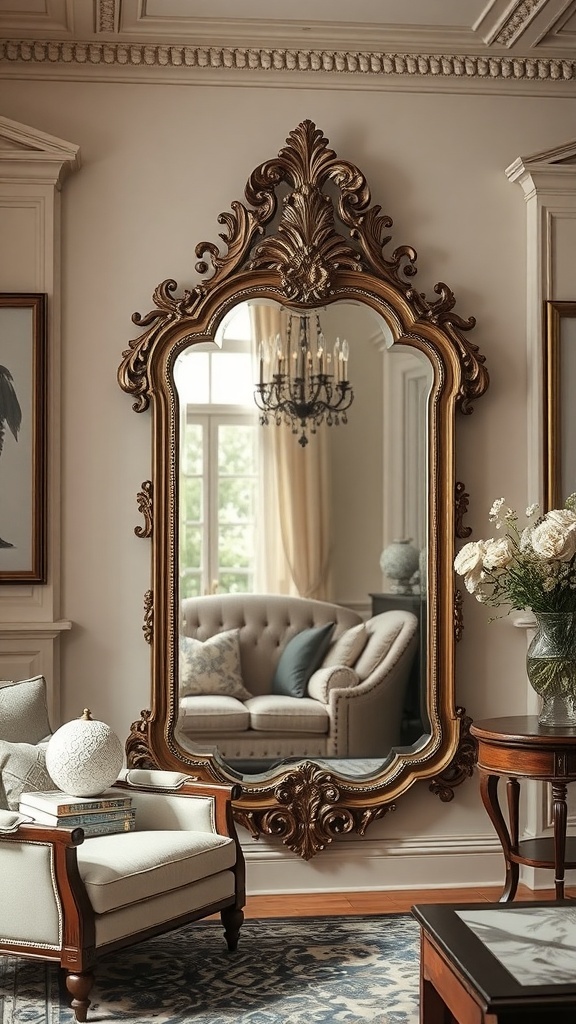 An ornate antique mirror with a detailed frame reflecting a cozy seating area with a chandelier above.