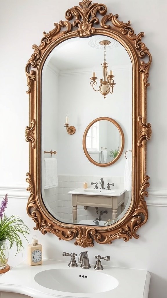 An antique mirror with an ornate gold frame reflecting a stylish bathroom