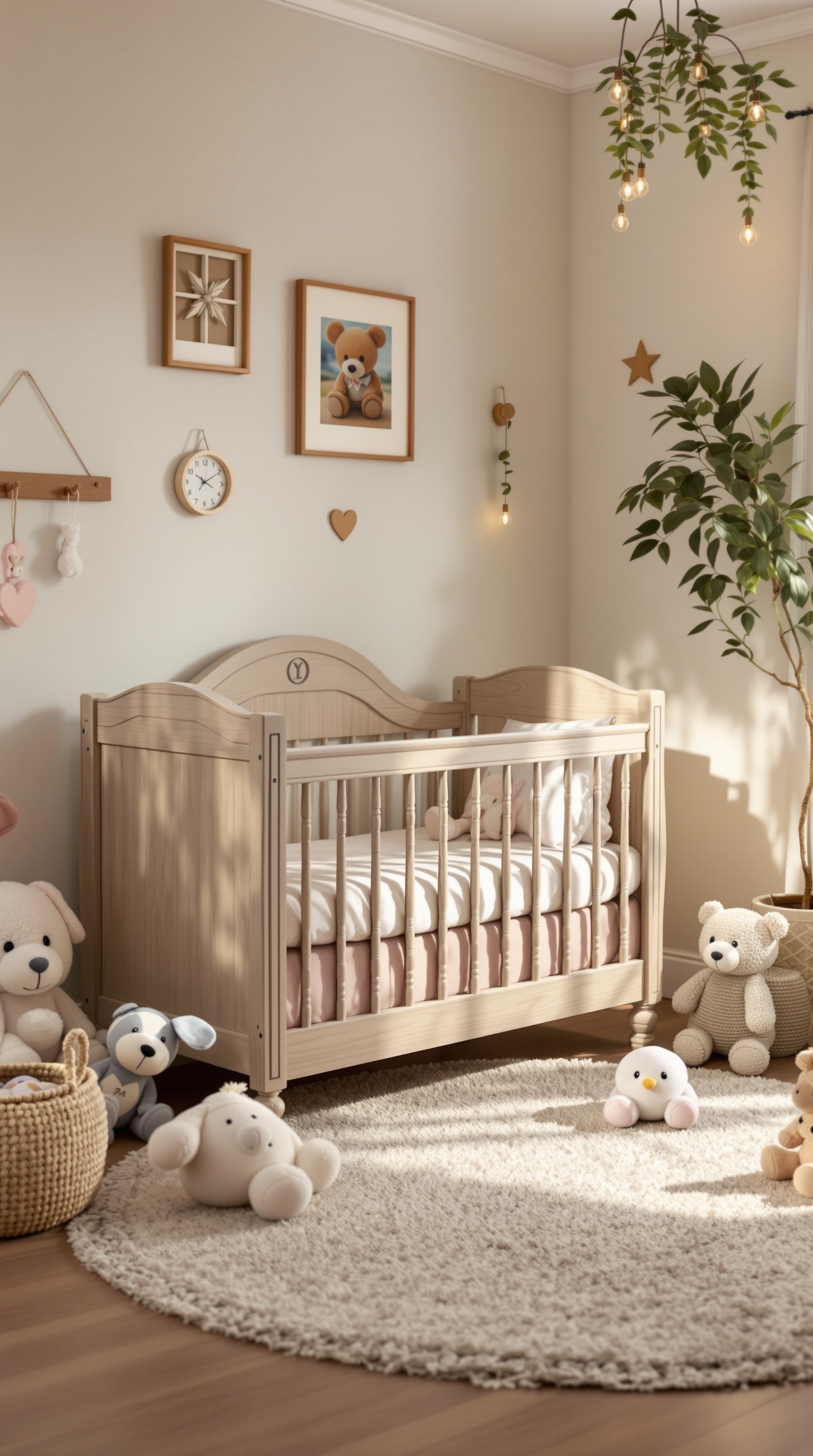 A cozy vintage toddler room featuring an antique wooden crib surrounded by soft toys and warm decor.