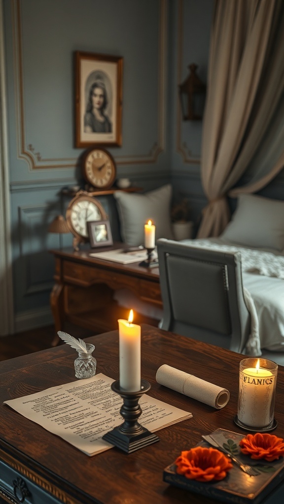 Antique writing desk in a romantic academia bedroom with candles, a quill, and handwritten notes.