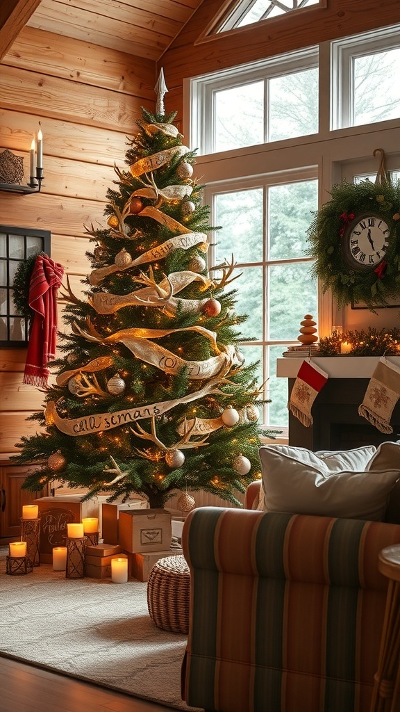 A rustic Christmas tree decorated with antlers, ribbons, and warm lights in a cozy room.