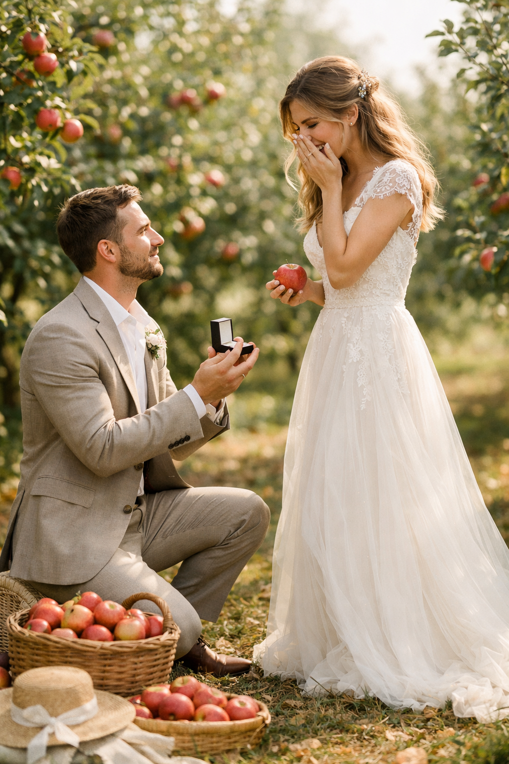 A couple in an apple orchard, where the man is proposing to the woman, both looking joyful.