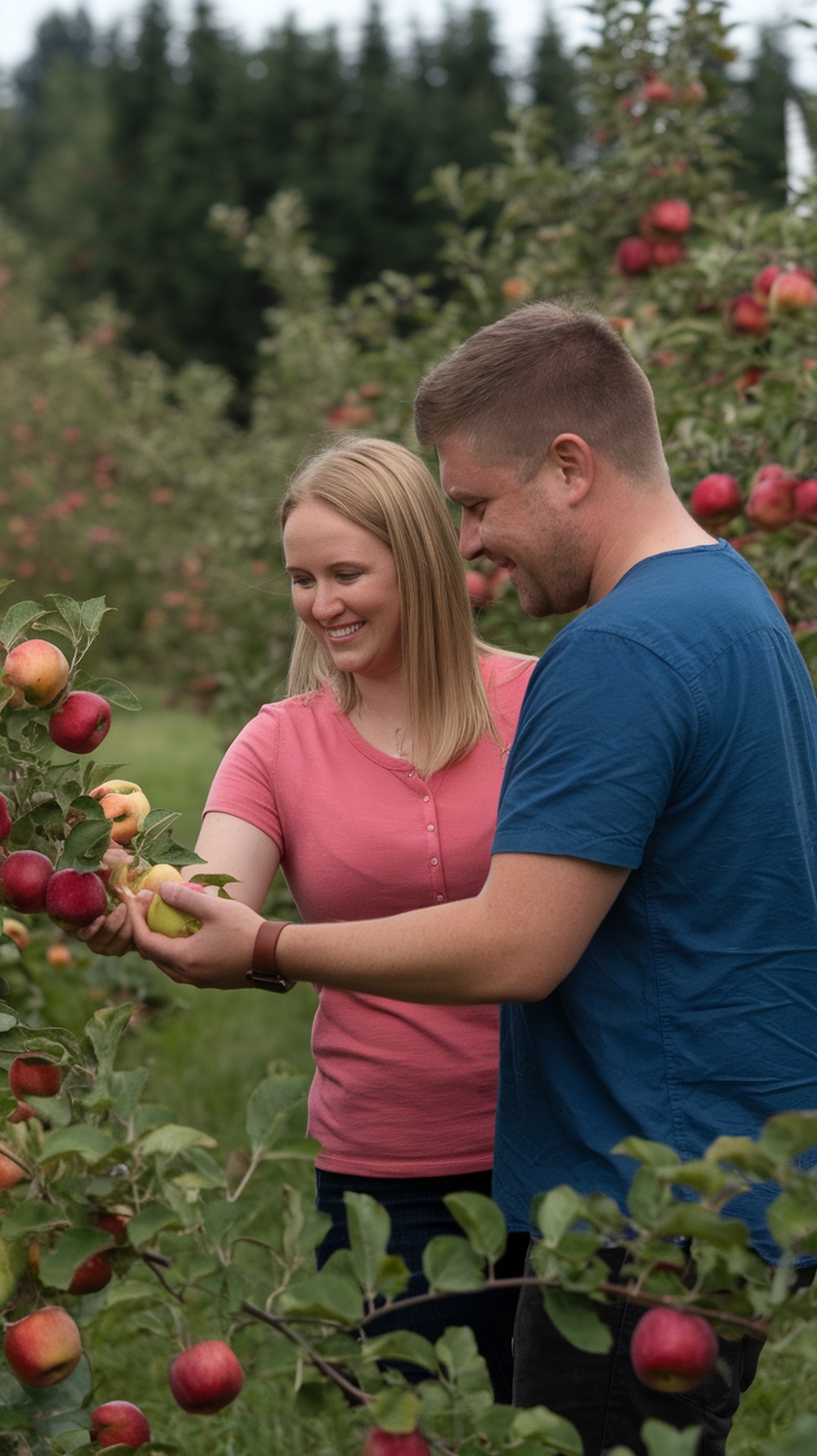 A couple enjoying apple picking in an orchard, smiling and sharing a moment together.