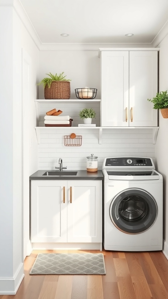 A modern mud room laundry room combo featuring a front-loading washer, a sink, and organized shelves.