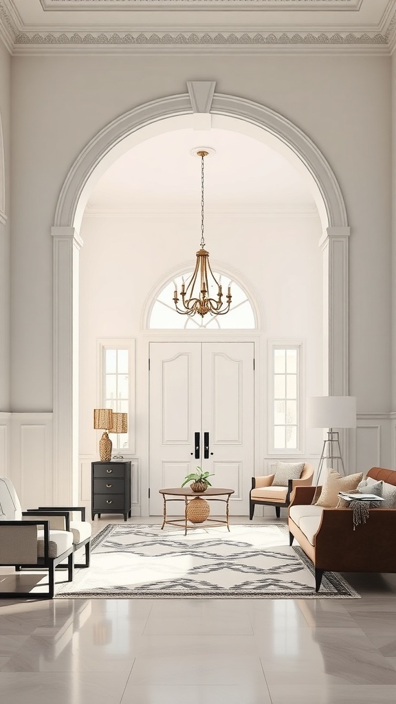 A beautifully designed room featuring an arched door casing, elegant chandelier, and stylish furniture.