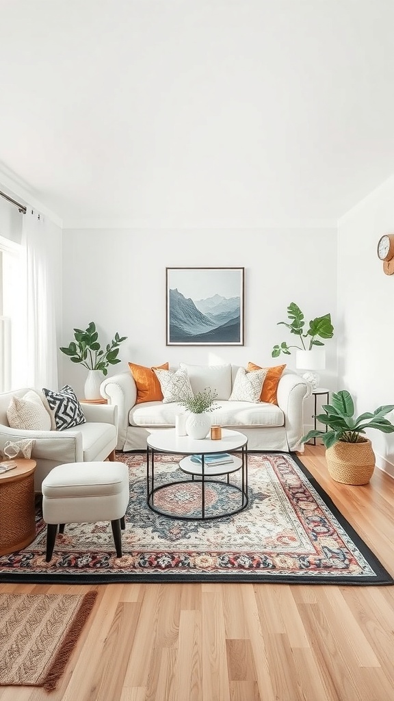 Cozy lounge room with a decorative area rug, light furniture, and plants.