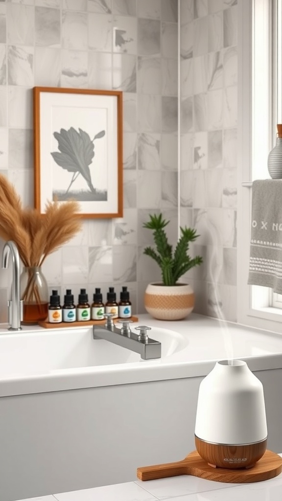A cozy bathroom with a diffuser and essential oils on display