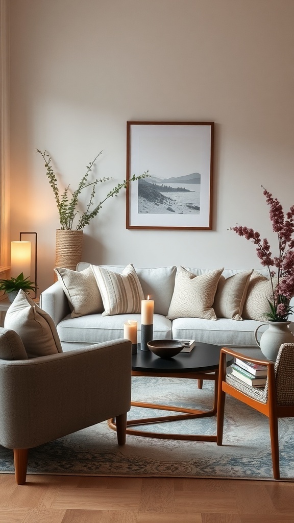 A cozy reading room with soft pillows, candles, and plants.