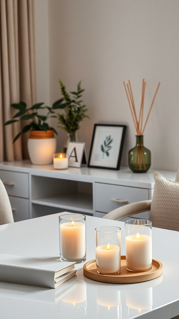A cozy desk setup featuring aromatic candles and a diffuser, creating a warm and inviting atmosphere.