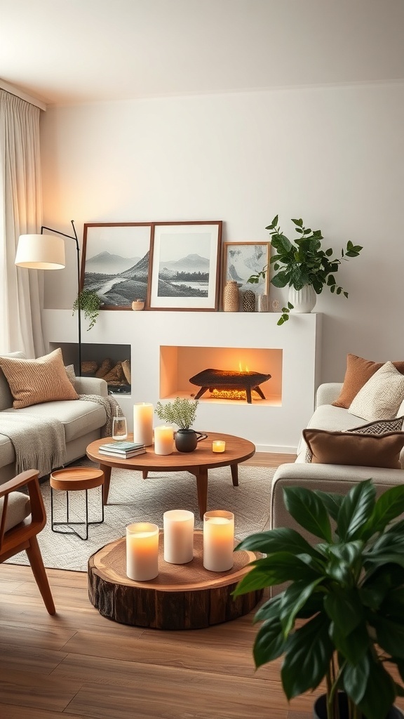 A cozy Scandinavian living room with candles, plants, and warm lighting.