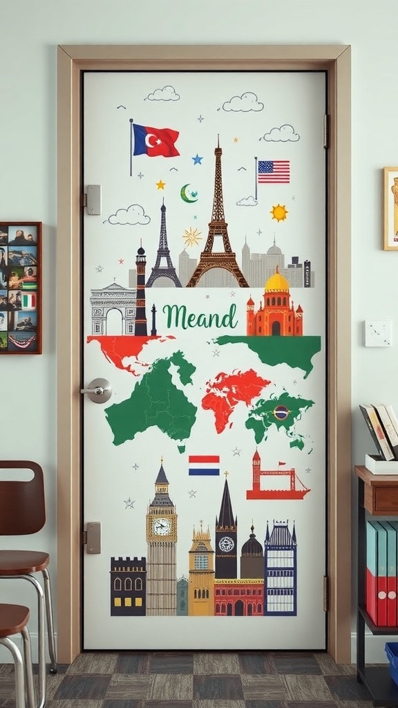 Classroom door decorated with a world map and famous landmarks.