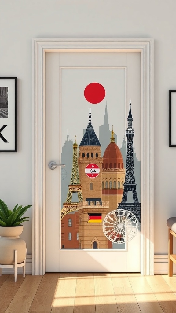 A classroom door decorated with famous landmarks from around the world, including the Eiffel Tower and a Japanese flag.