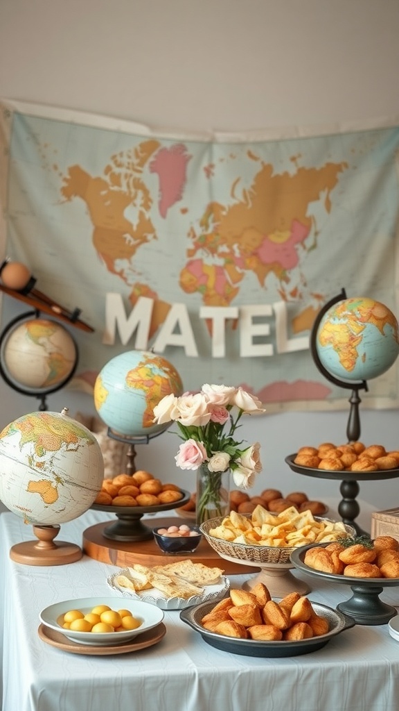 A beautifully decorated bridal shower table featuring globes, snacks, and a floral centerpiece with a world map backdrop.