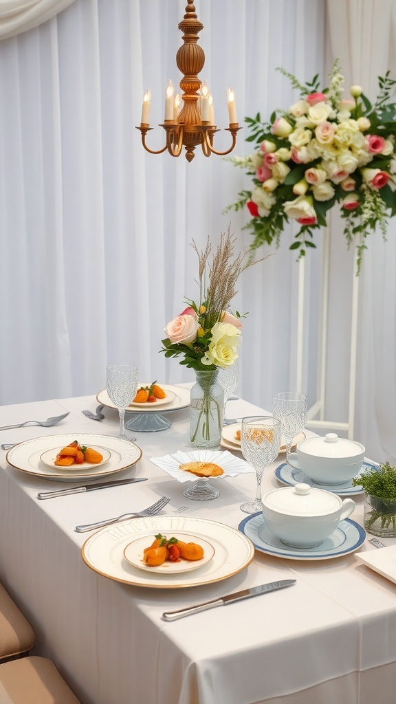 Elegant wedding table setting with flowers and dinnerware