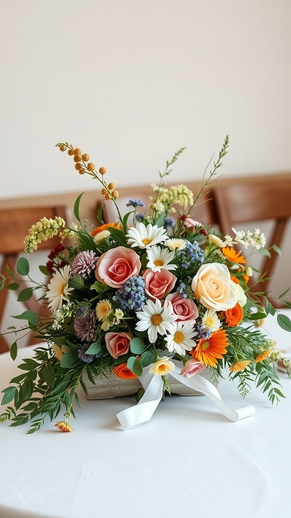 Beautiful floral arrangement featuring roses, daisies, and greenery.