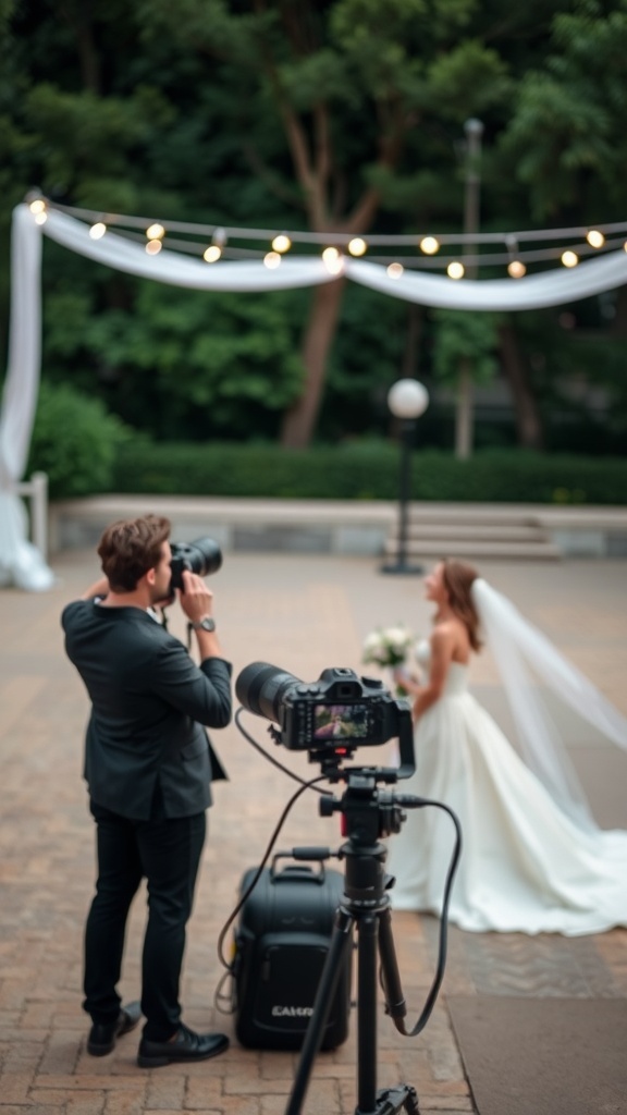 A photographer capturing a bride outdoors during a microwedding.