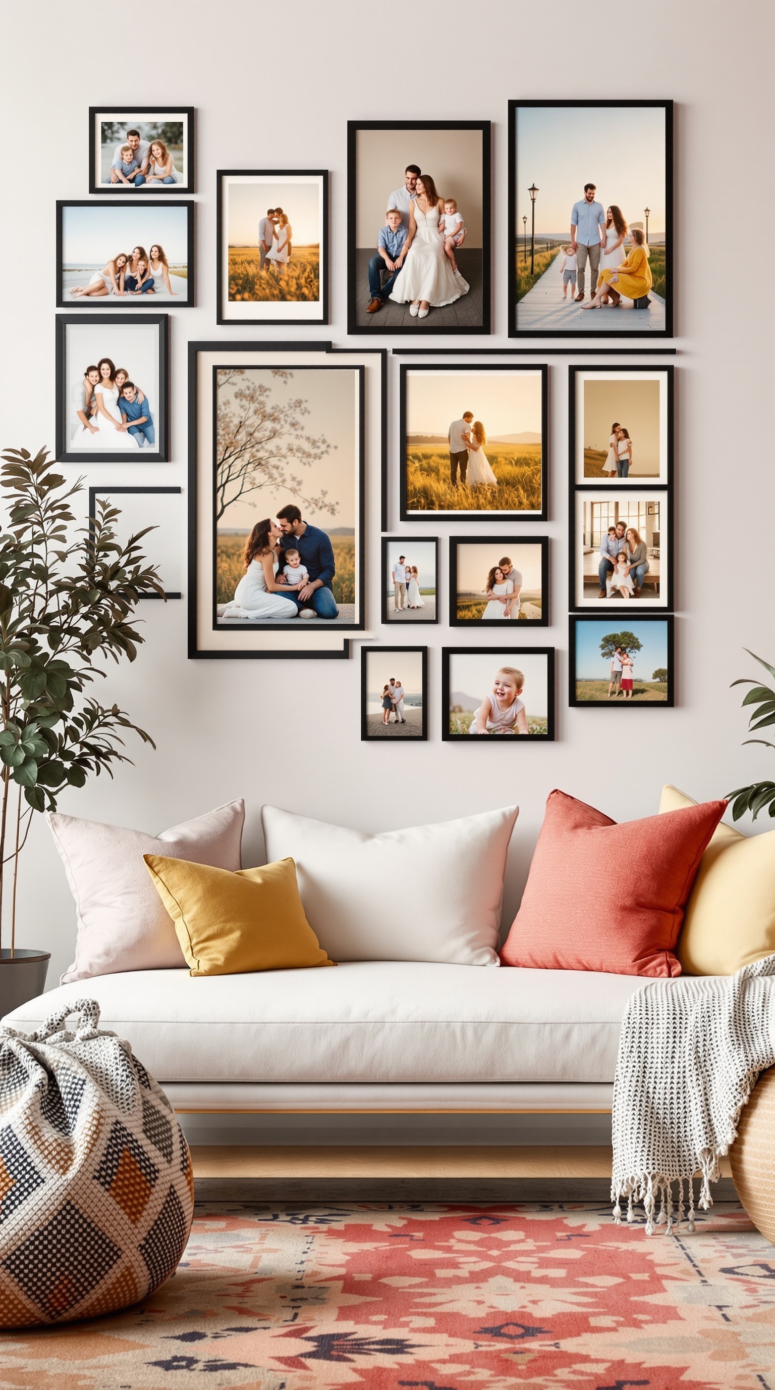 A wall decorated with family photos in various frames, showcasing moments together.
