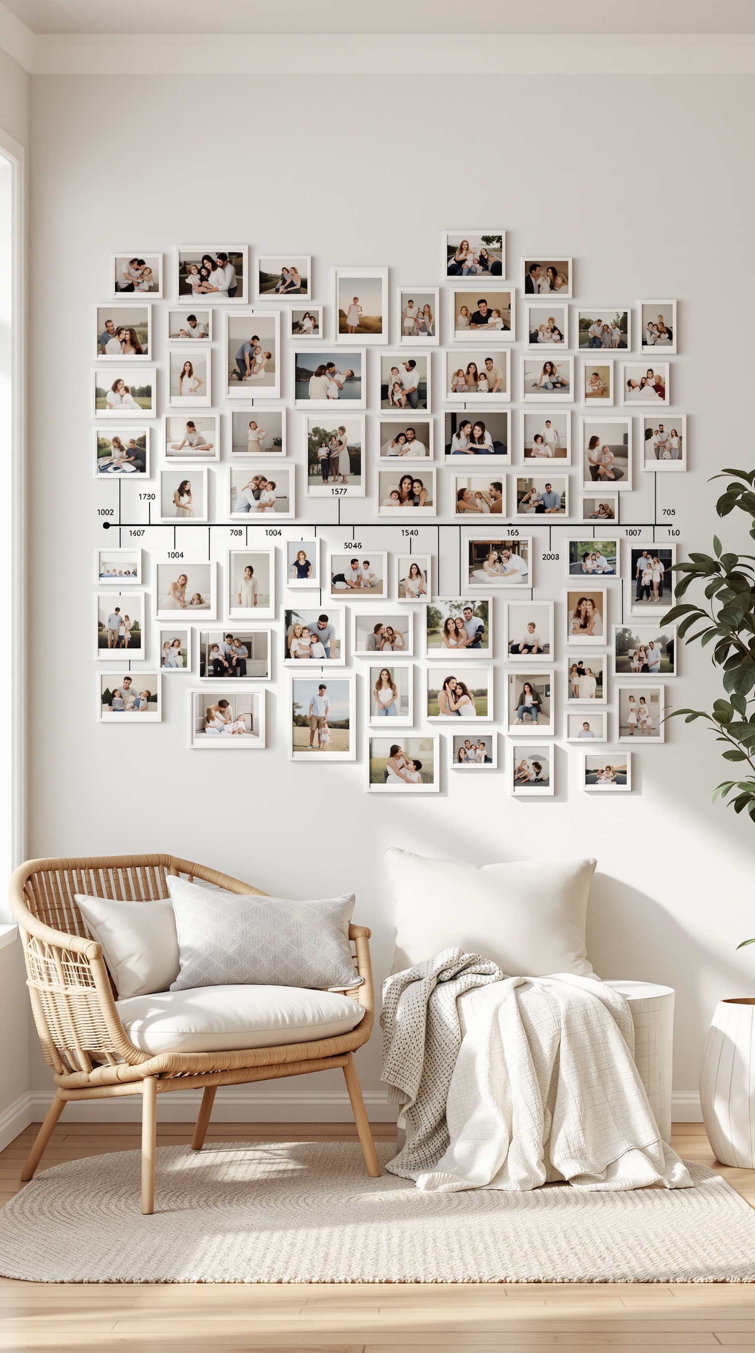 A family photo wall arranged by timeline with various framed pictures.