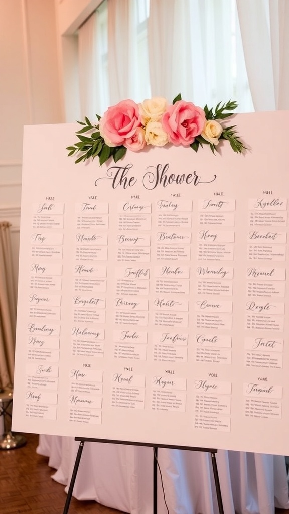Seating chart for a bridal shower with names and table assignments.