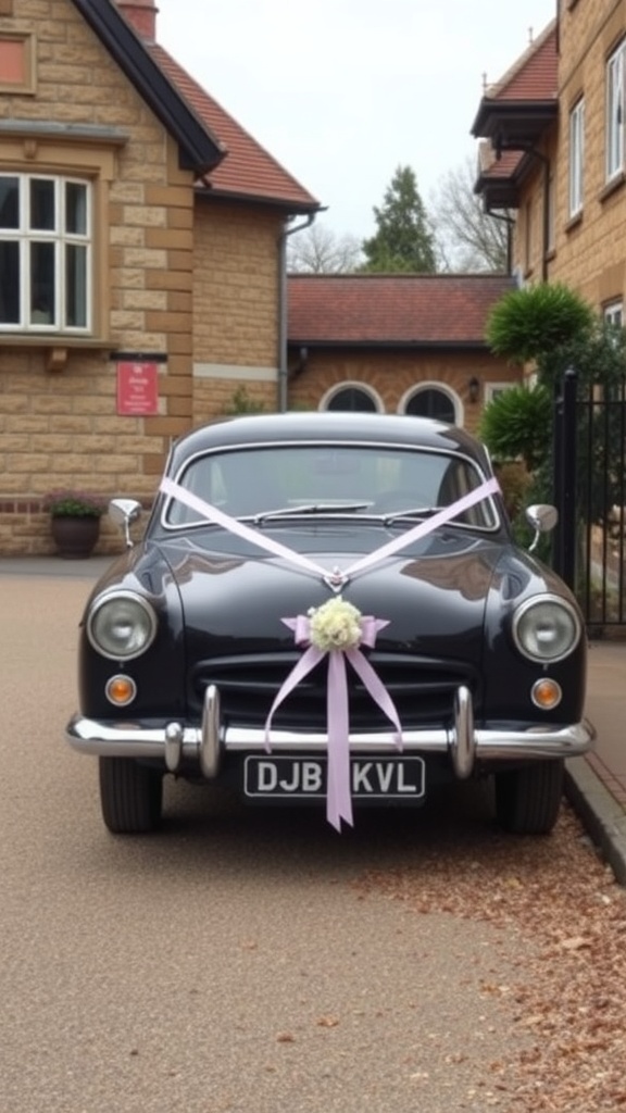 A vintage wedding car decorated with ribbons and flowers parked outside a building.
