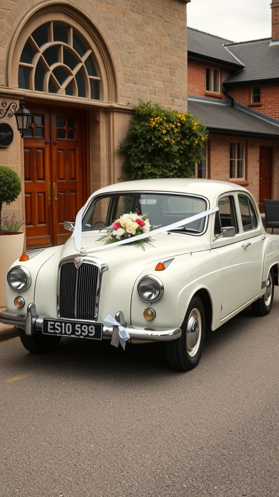 A vintage white car decorated with flowers and ribbons, parked in front of a beautiful building.