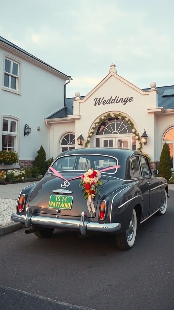 A vintage car adorned with flowers, parked outside a wedding venue.