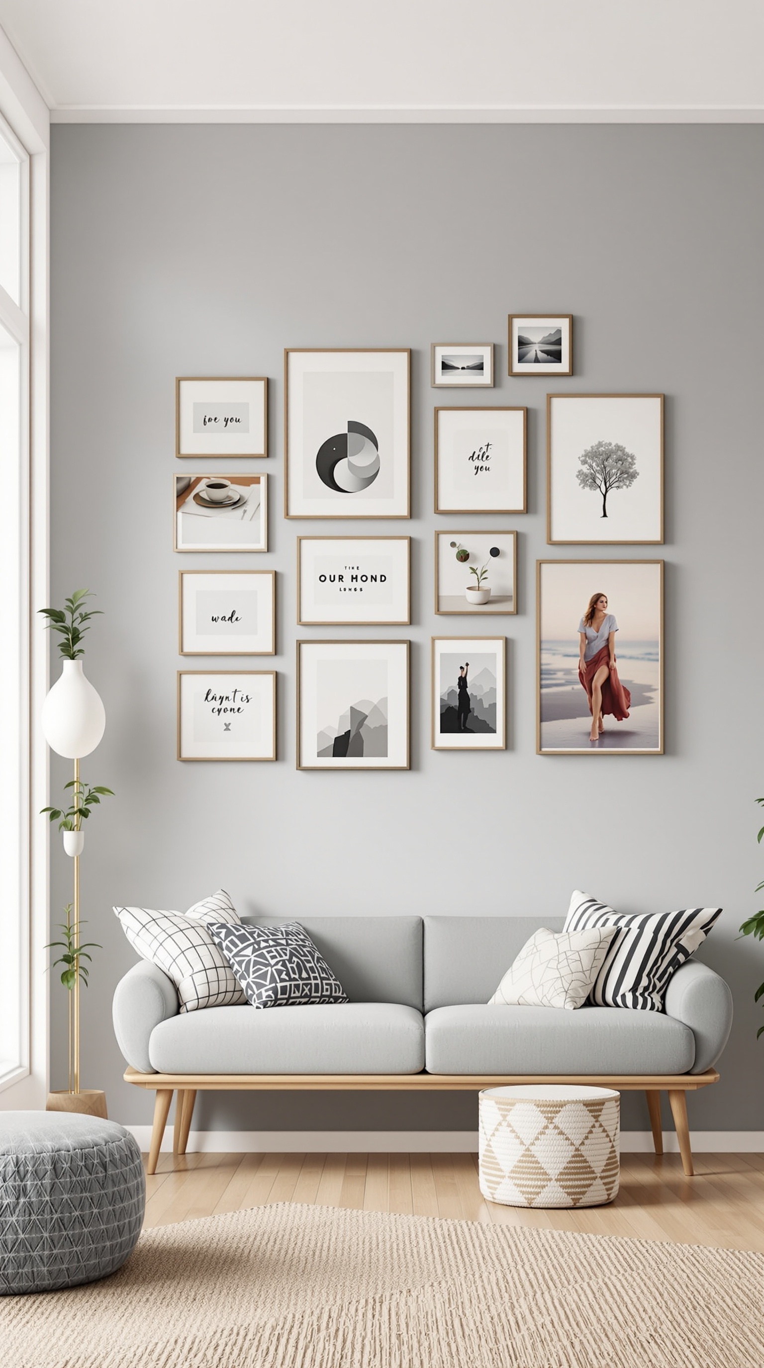 A stylish family gallery wall featuring various framed pictures and art pieces arranged above a gray sofa in a modern living room.
