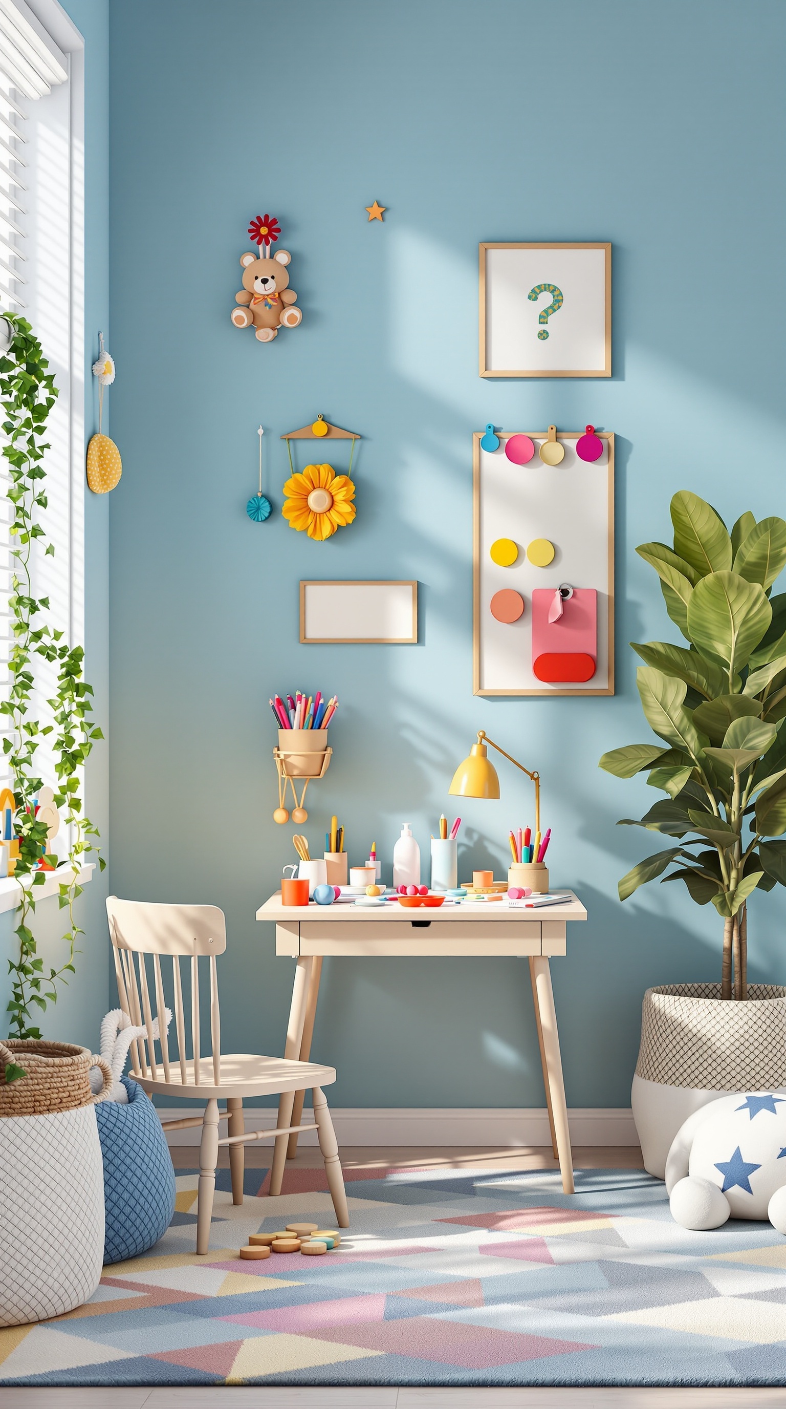 A bright blue kids room featuring an art and craft corner with a desk, colorful supplies, and playful decorations.