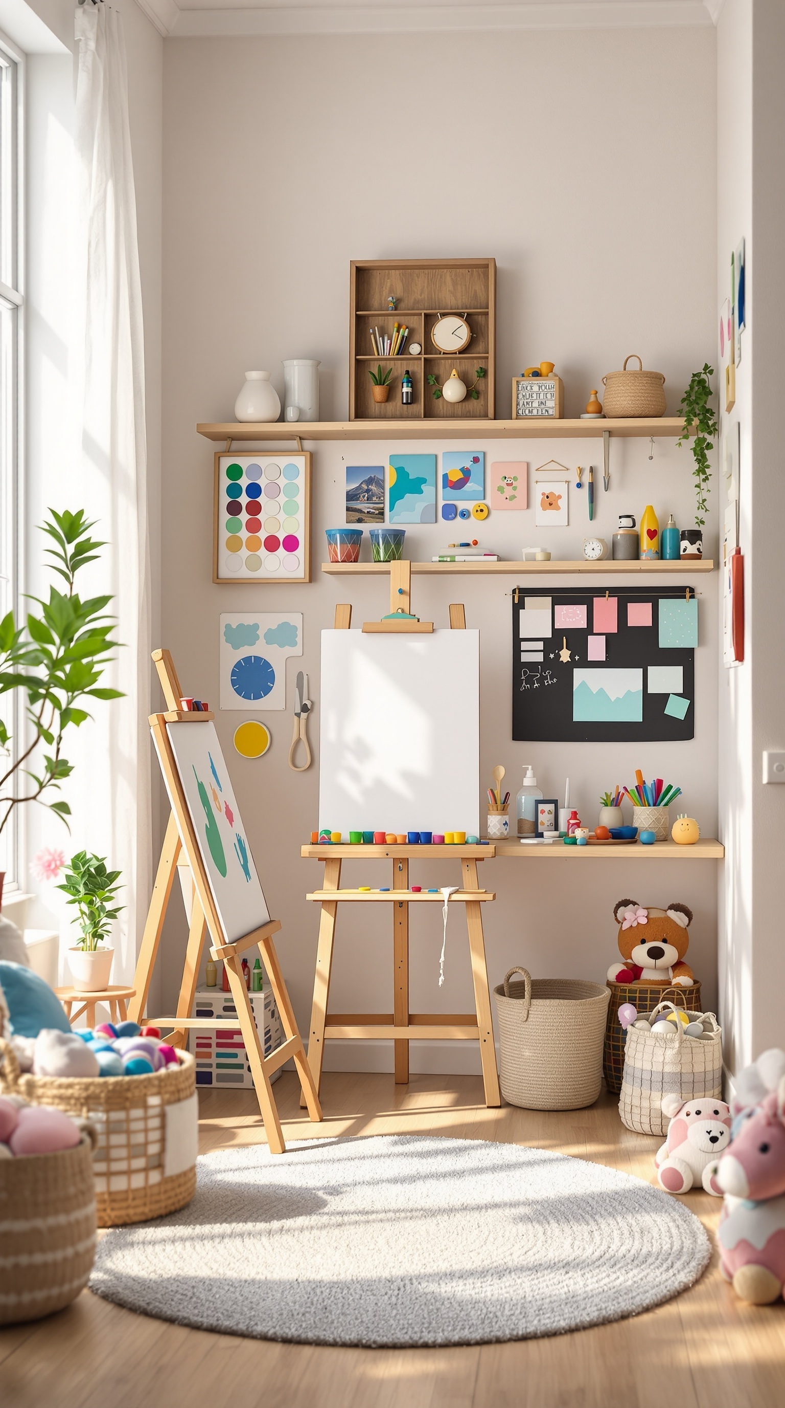A bright and colorful art and craft corner for kids, featuring easels, shelves with art supplies, and playful decorations.
