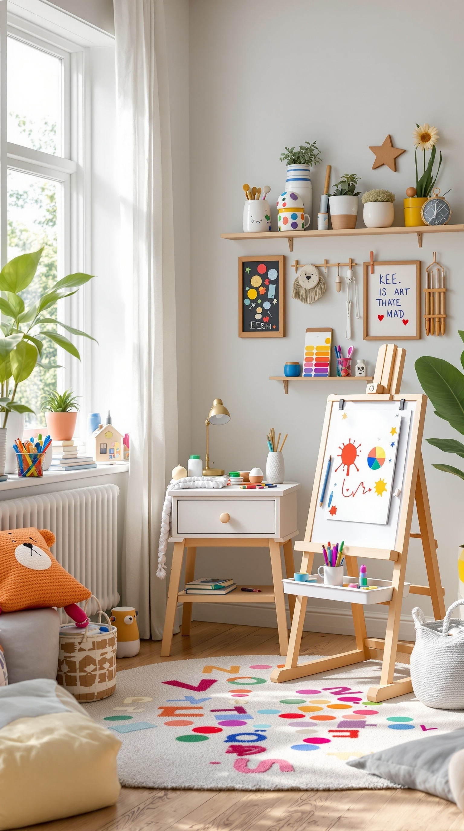A colorful kids' art and craft corner with an easel, art supplies, and playful decor.