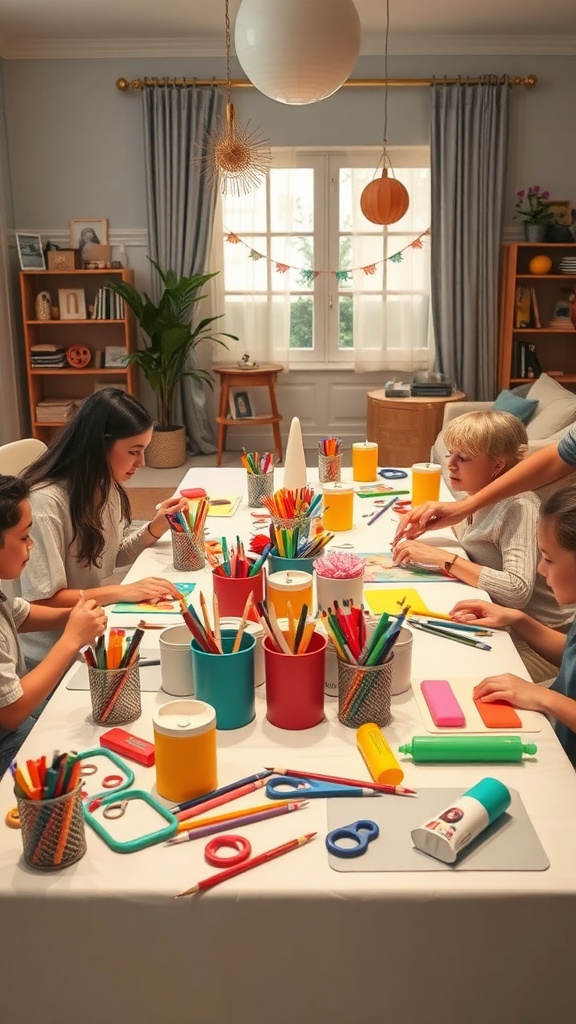 A group of people engaged in an art and craft activity at a table filled with colorful supplies.