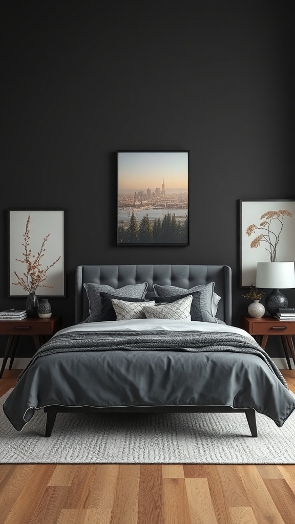 A dark grey bedroom featuring a stylish bed, framed art, and decorative side tables.