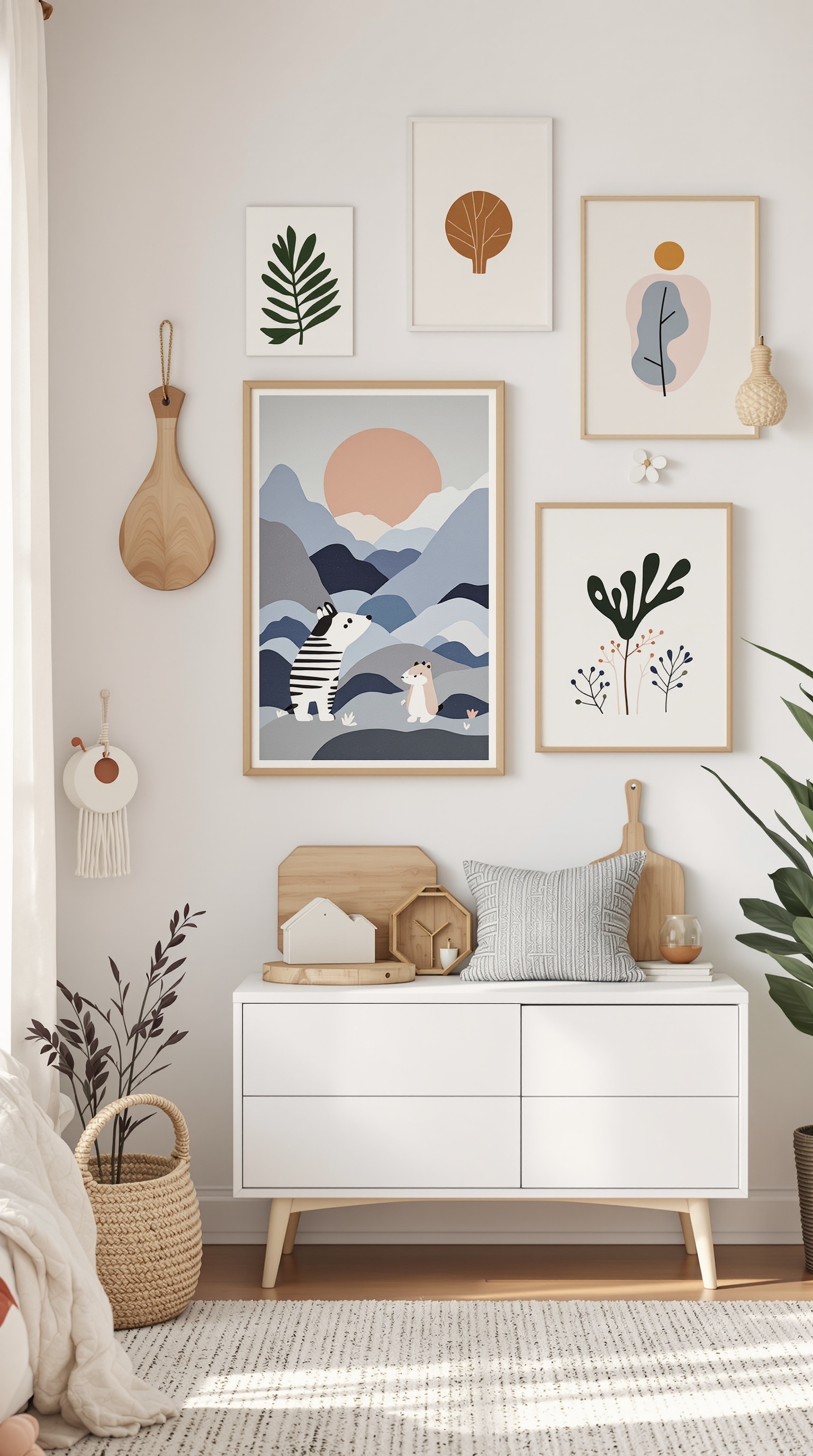 A stylish Japandi kids room featuring playful wall art, natural decor, and a cozy atmosphere.