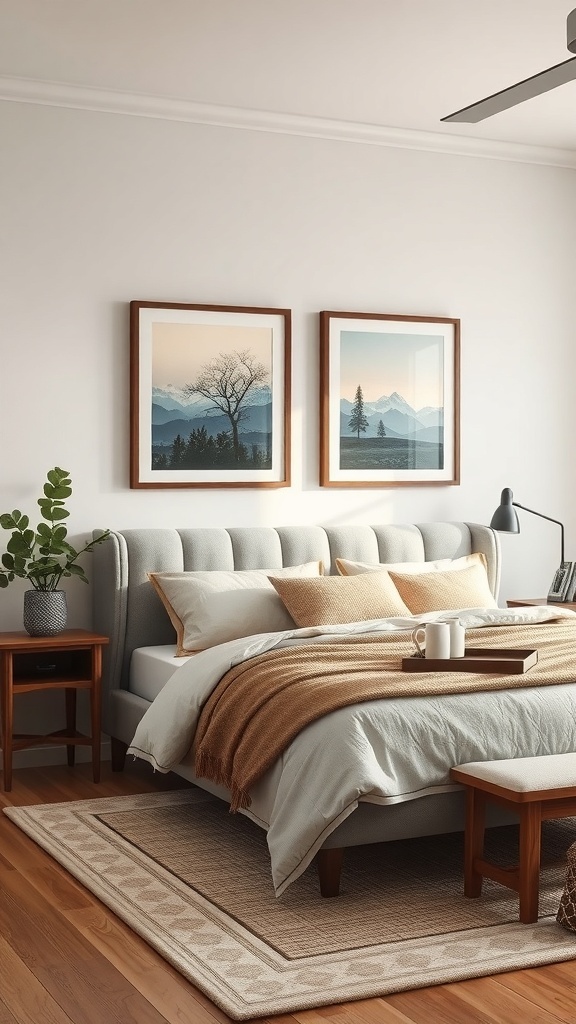 A cozy earthy bedroom featuring nature-themed artwork, soft bedding, and indoor plants.