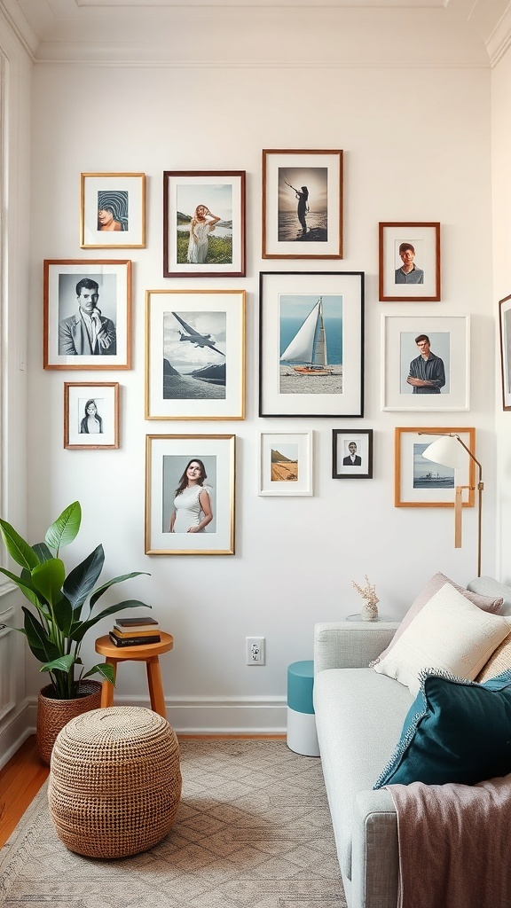 Cozy living room with a gallery wall of framed photos and art, featuring plants and comfortable seating.