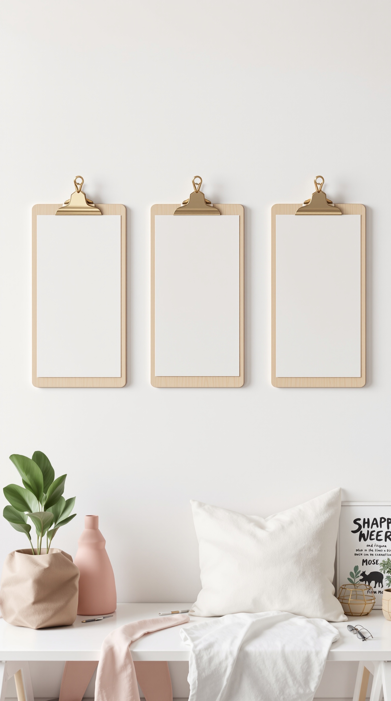 Three wooden clipboards hanging on a wall, ready for displaying kids' artwork.
