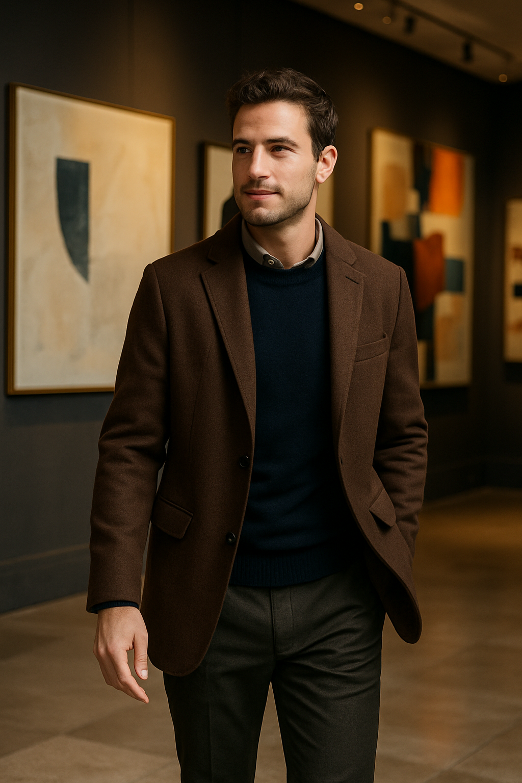 A man in formal attire walking through an art gallery, appreciating the displayed artworks.