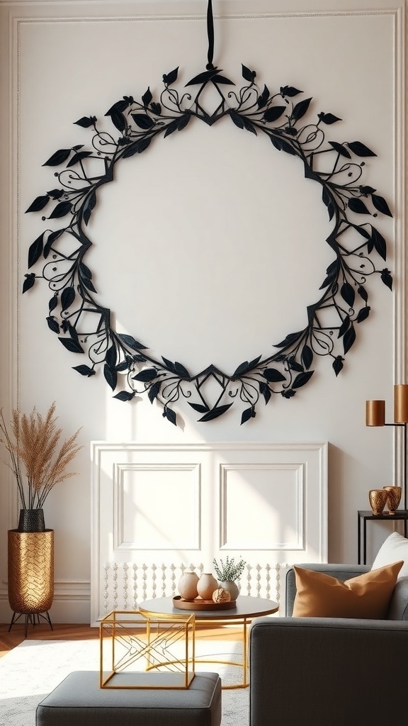 Art Deco black wreath with intricate leaf and geometric designs, hanging on a wall in a stylish living room.