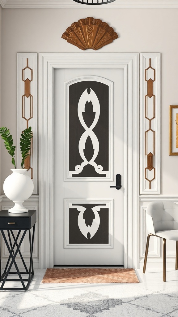 Art Deco door casing with geometric designs and fan-shaped detail