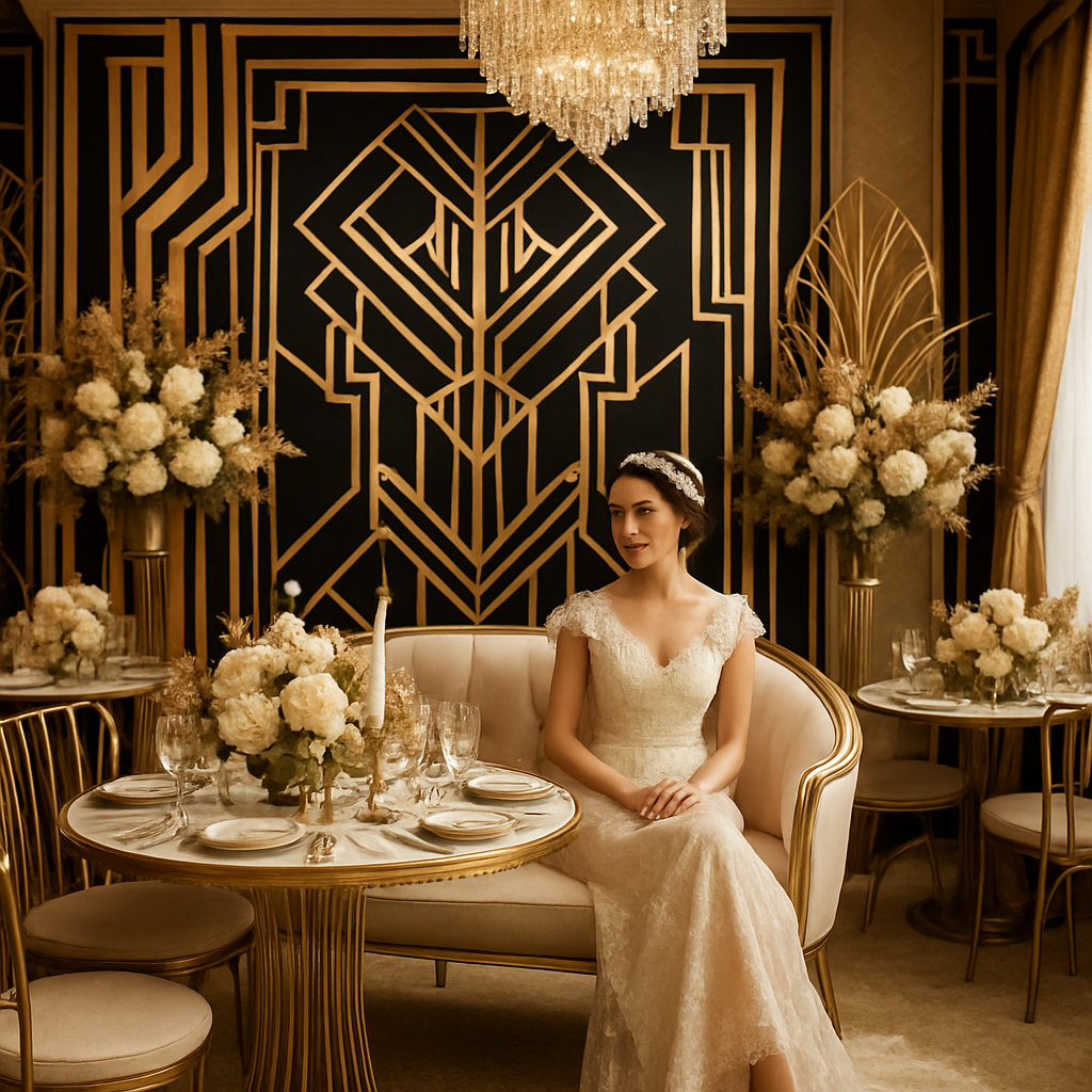 A bride in a lace gown sitting elegantly in an Art Deco themed bridal shower setting with geometric patterns and floral arrangements.