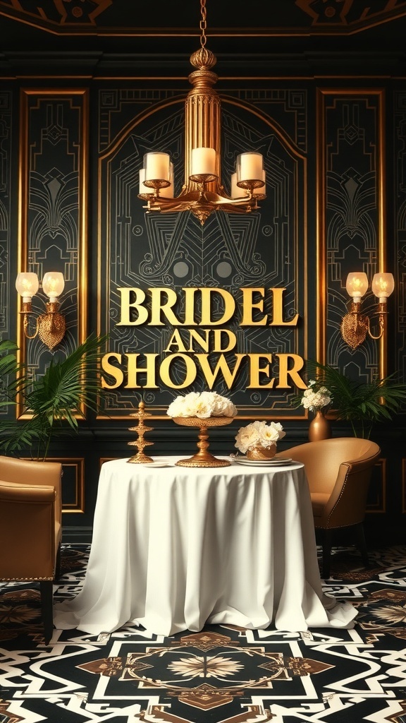 A classy Art Deco bridal shower setup featuring elegant decor and a warm ambiance.