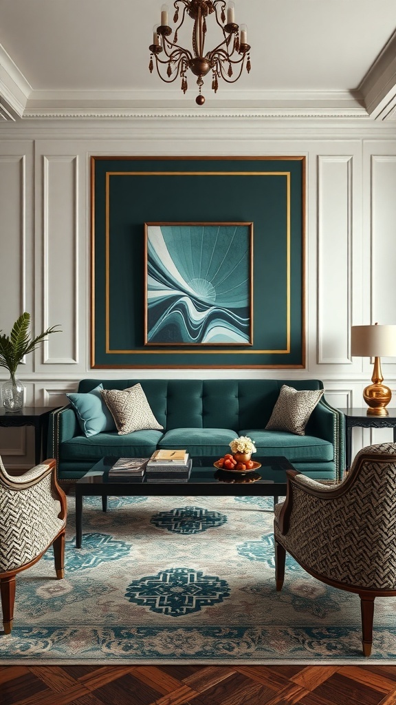Art Deco living room featuring a dark green couch, patterned chairs, and elegant decor.