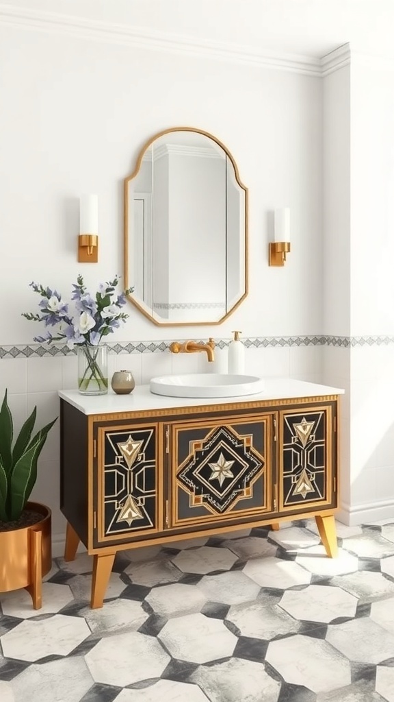 Art Deco single sink bathroom vanity with geometric patterns and gold accents
