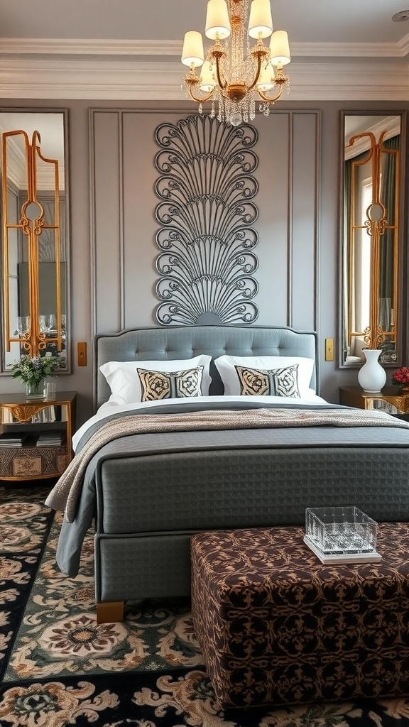 A stylish bedroom featuring a grey bed frame, bold patterned rug, and Art Deco elements.