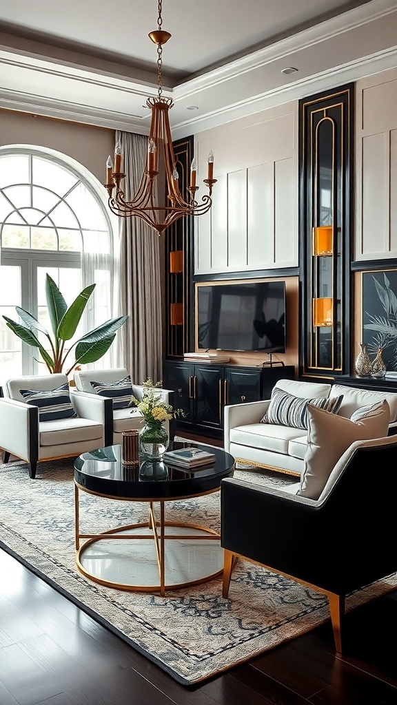 A stylish black and white living room with Art Deco inspiration, featuring elegant furniture, a chandelier, and a plant.